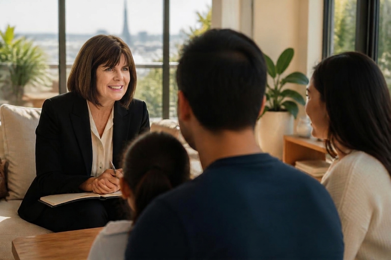 Auckland lawyer Kim Kyle in conversation with a family client in a warm, sunlit space